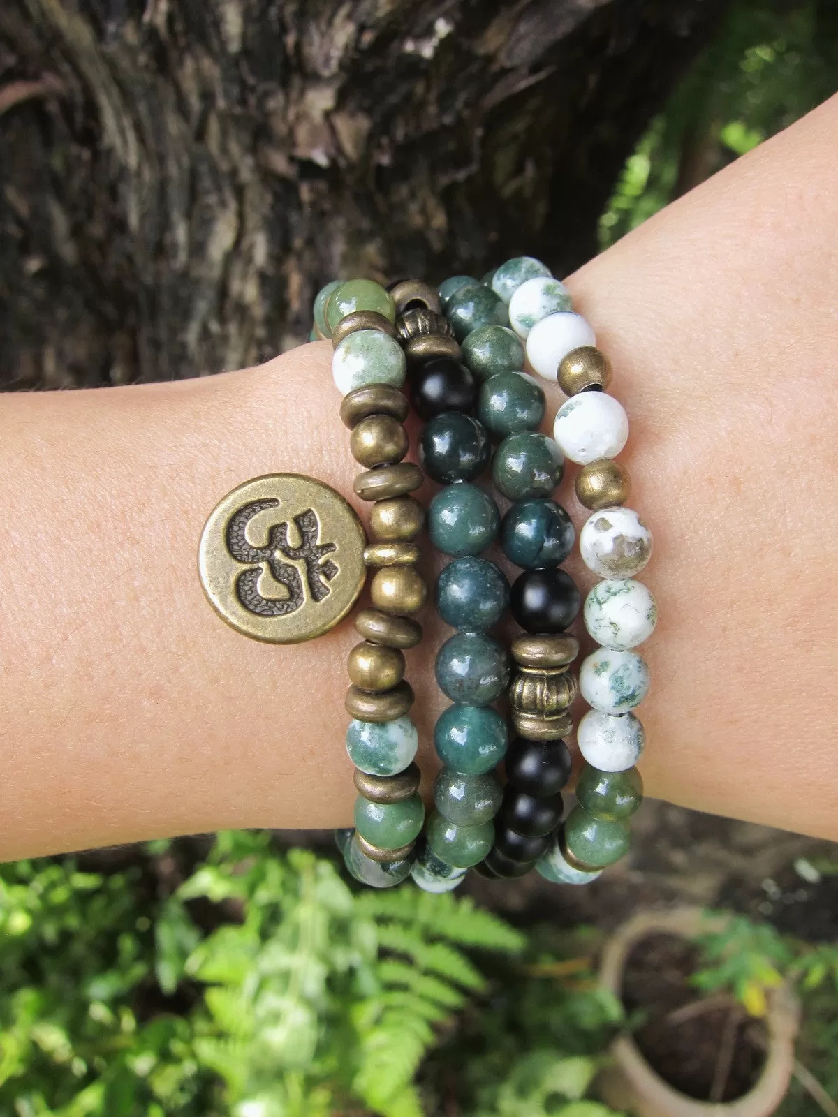 108 Bead in Black Onyx, Moss Agate, OM Mala Bracelet or Necklace