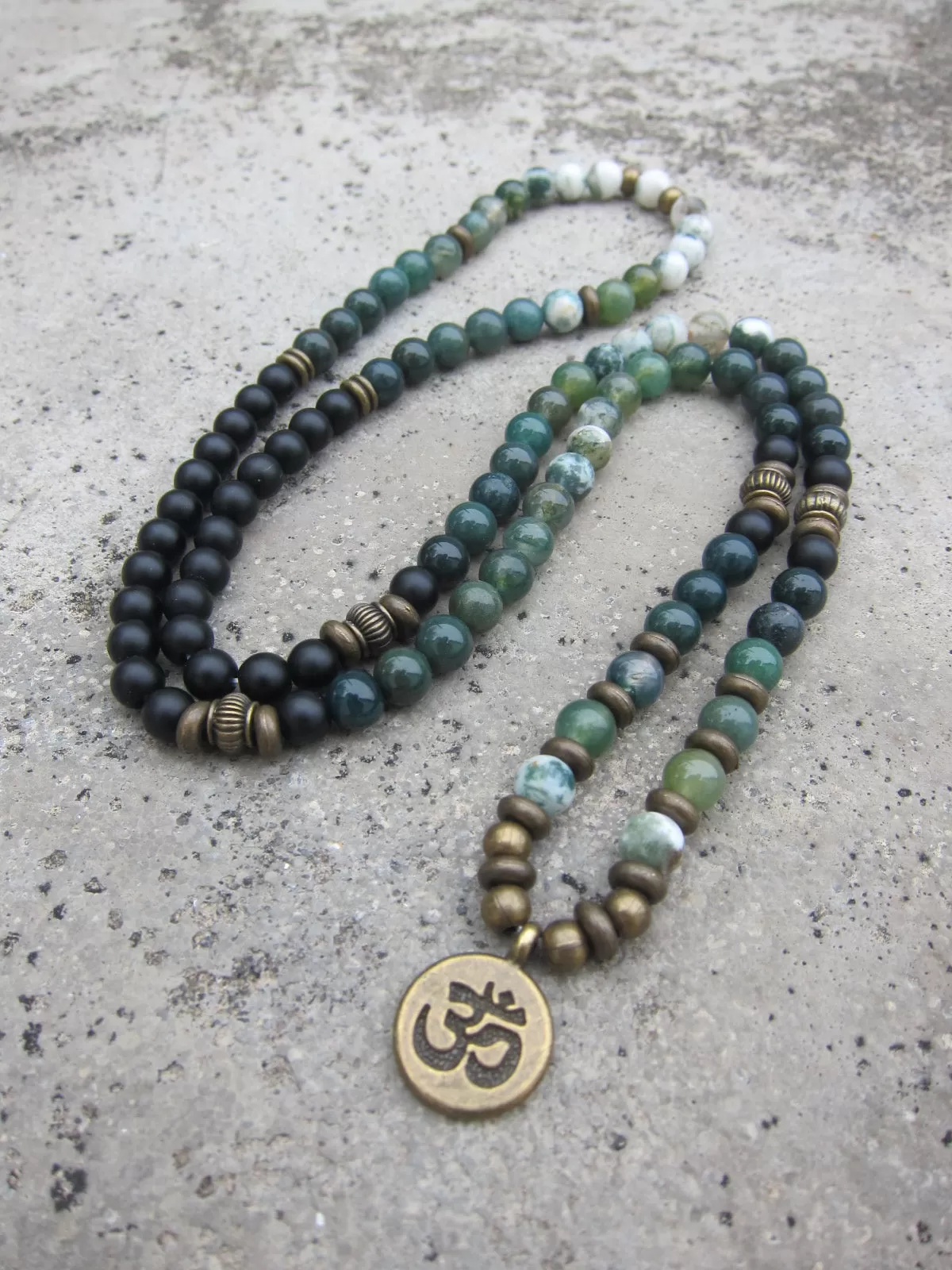 108 Bead in Black Onyx, Moss Agate, OM Mala Bracelet or Necklace