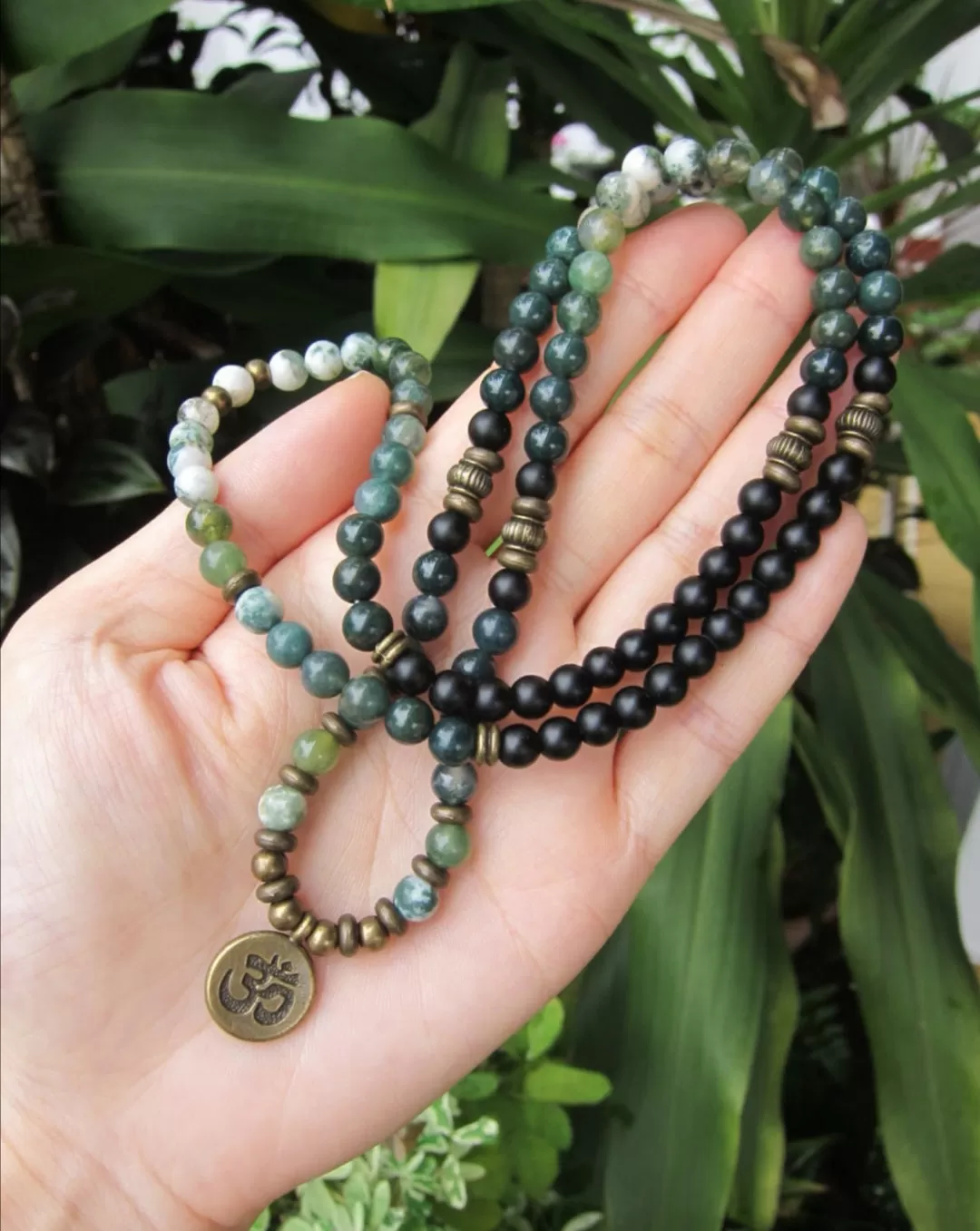 108 Bead in Black Onyx, Moss Agate, OM Mala Bracelet or Necklace