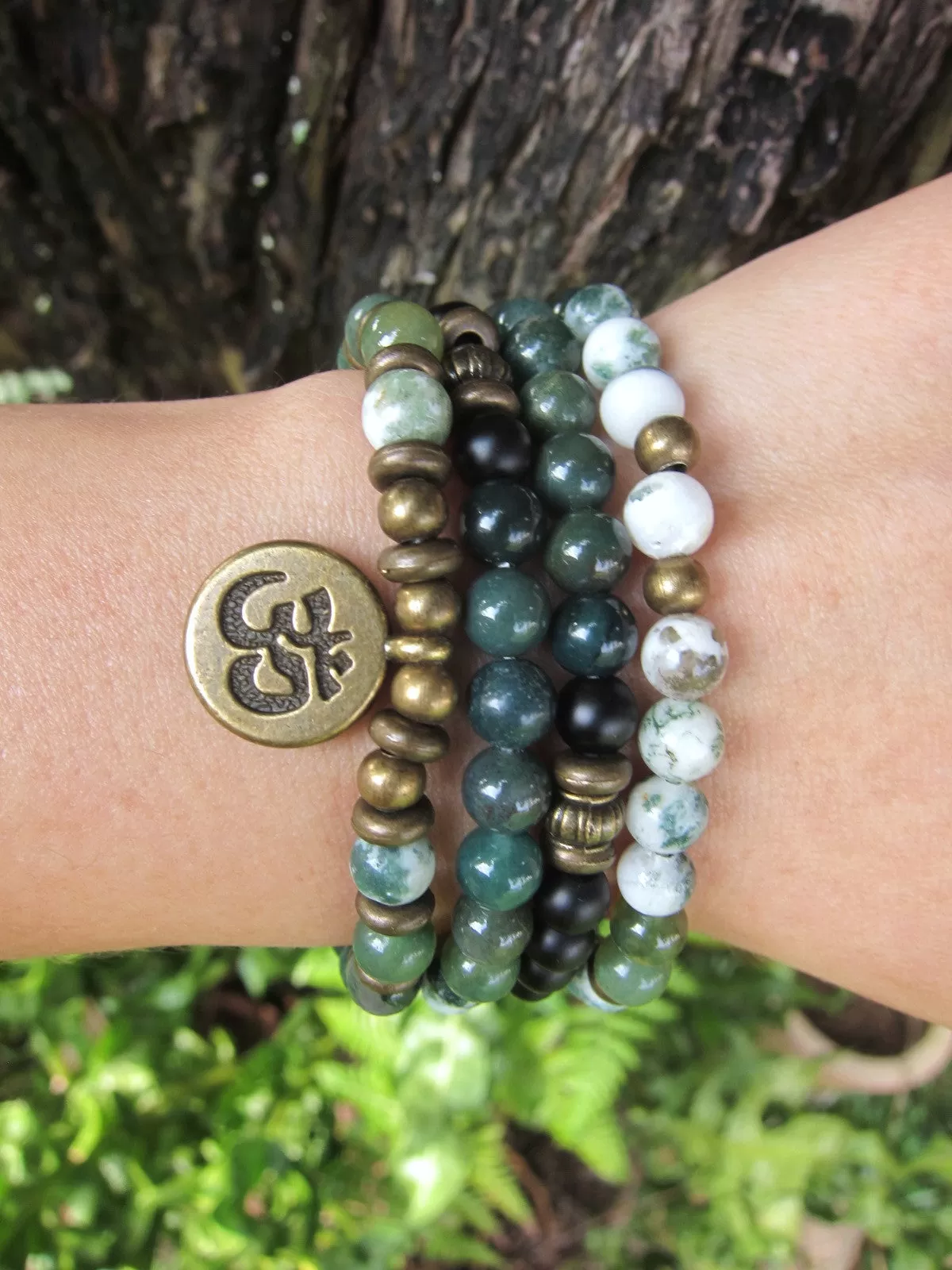 108 Bead in Black Onyx, Moss Agate, OM Mala Bracelet or Necklace