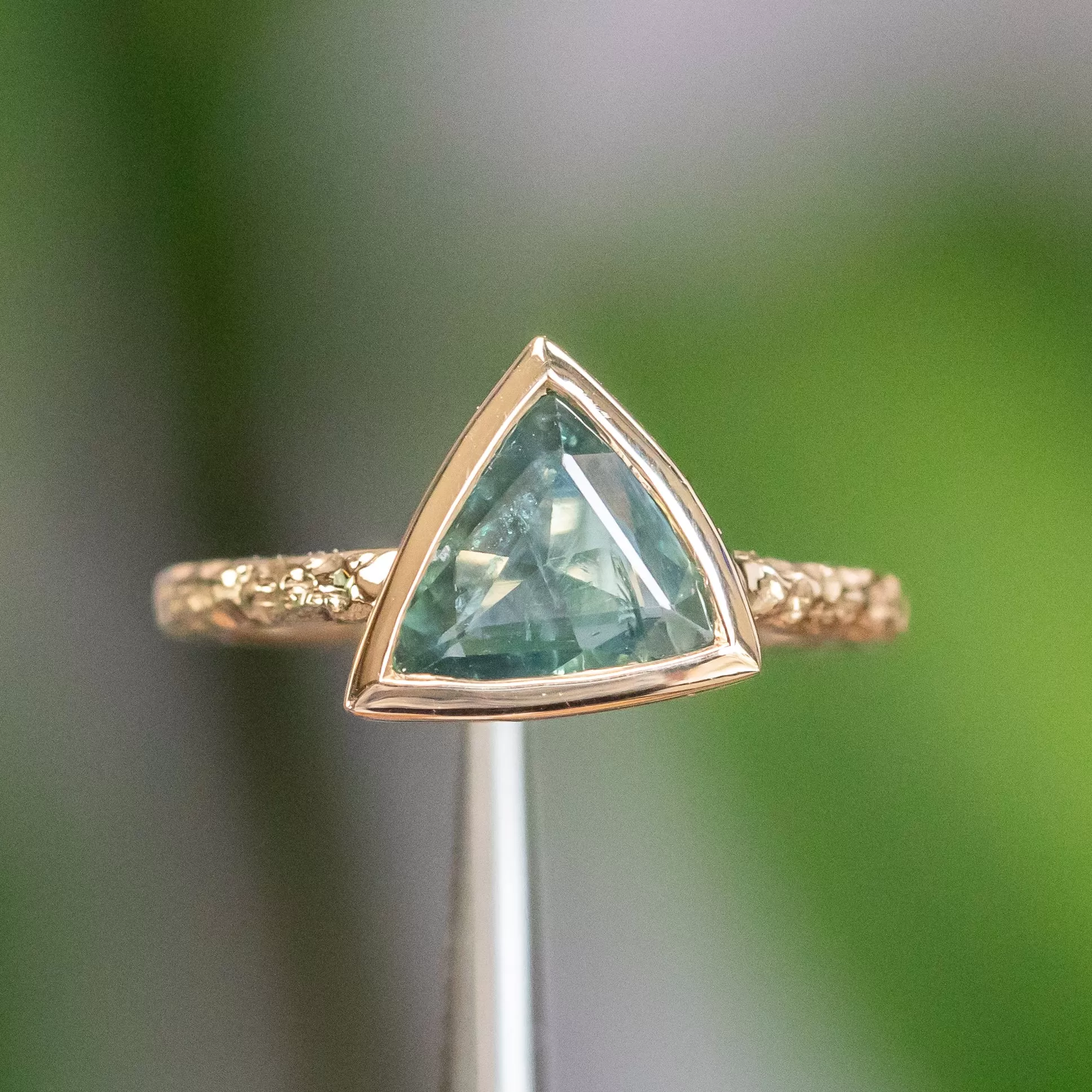 1.24ct Geo Slice Teal Green Sapphire Evergreen Low Profile Bezel Solitaire Ring in 14k Yellow Gold