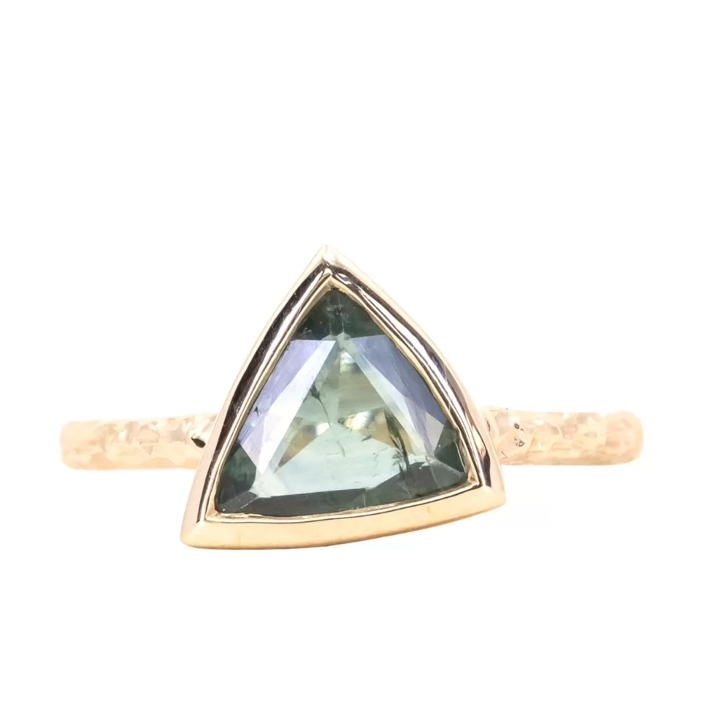 1.24ct Geo Slice Teal Green Sapphire Evergreen Low Profile Bezel Solitaire Ring in 14k Yellow Gold