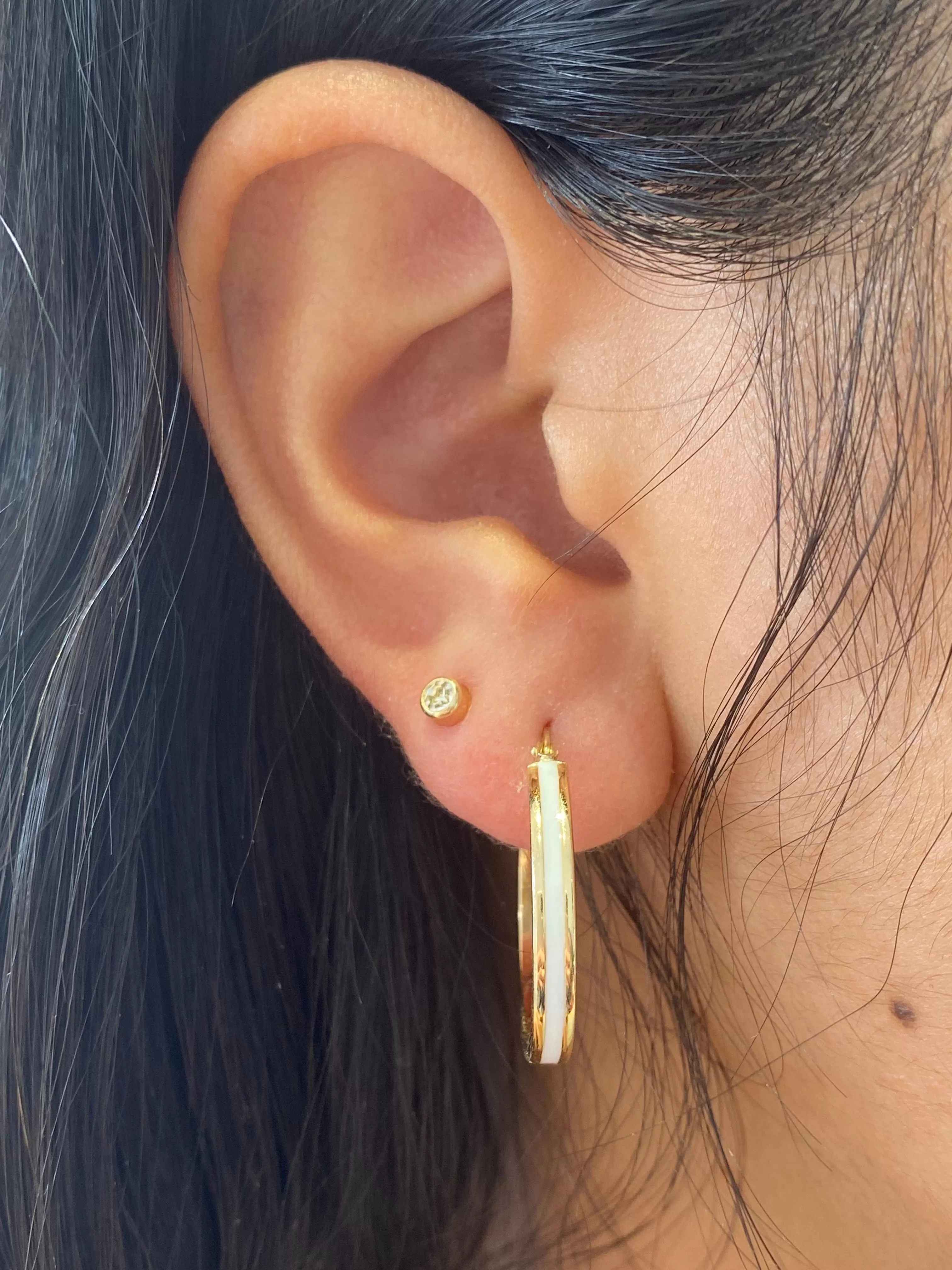 14K Gold White Enamel Hoop Earring