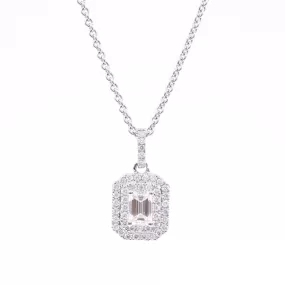 14K WHITE GOLD DOUBLE DIAMOND HALO PENDANT WITH AN EMERALD-CUT CENTER