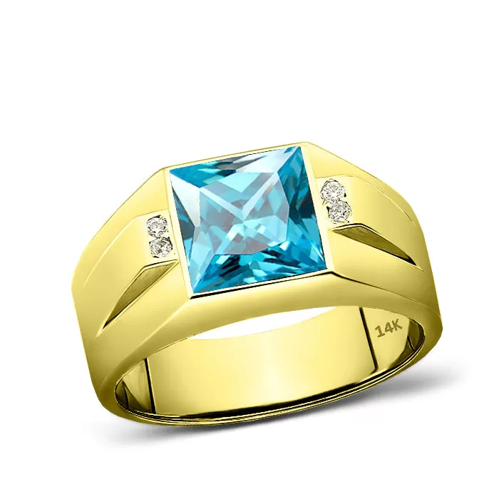 14K Yellow Gold Mens Ring Blue Aquamarine and 4 Diamond Accents Ring For Man