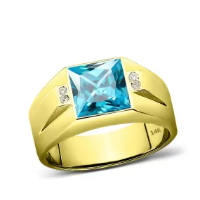 14K Yellow Gold Mens Ring Blue Aquamarine and 4 Diamond Accents Ring For Man