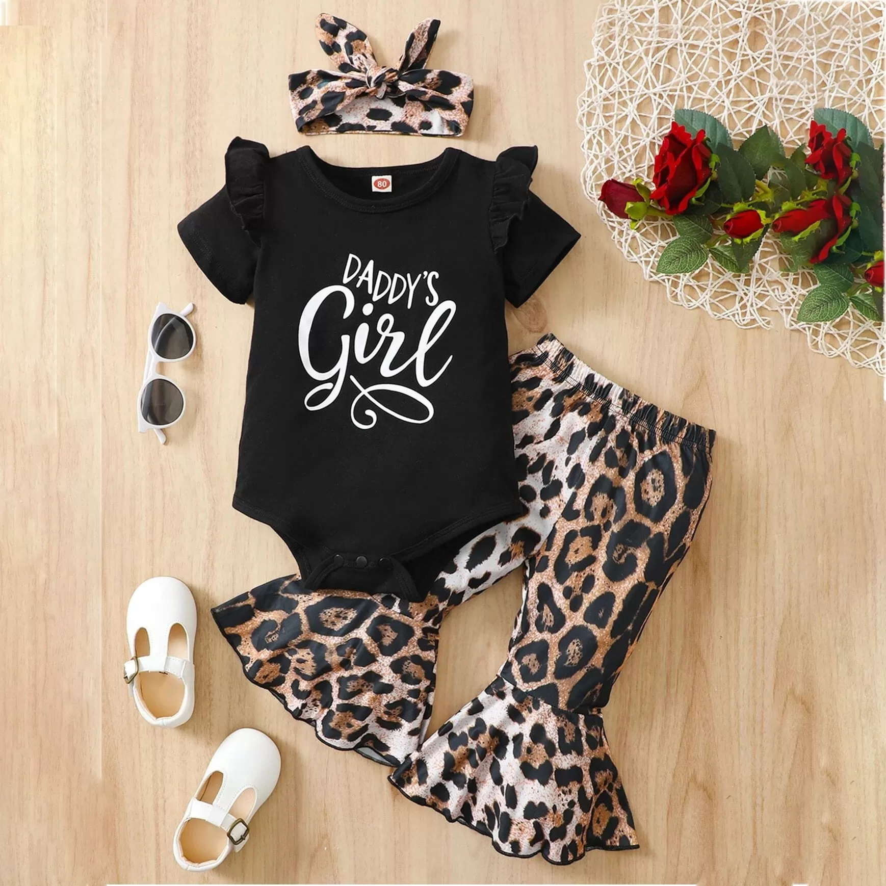 2 Pieces Set Baby Girls Letters Rompers And Leopard Pants