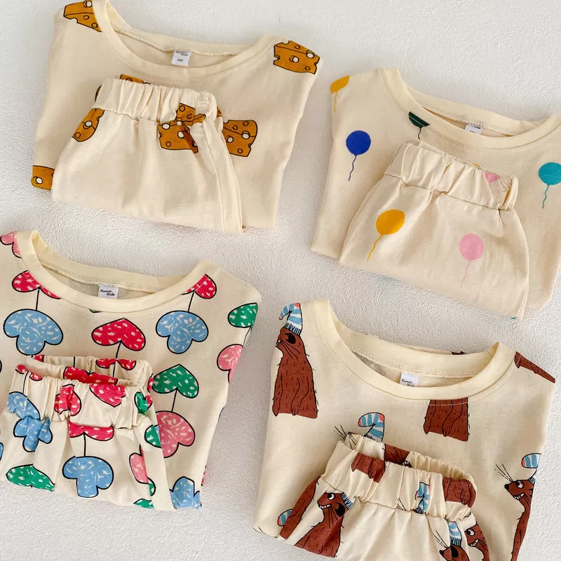 2 Pieces Set Baby Kid Unisex Love heart Animals Cartoon Print Tops And Shorts