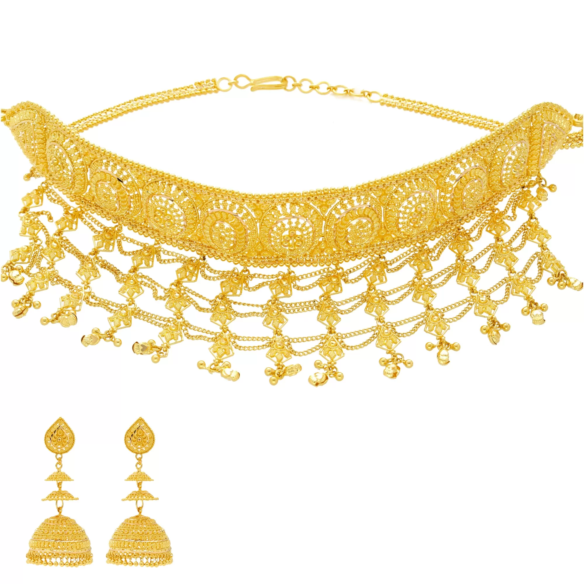 22K Yellow Gold Chandelier Choker w/ Jhumkas