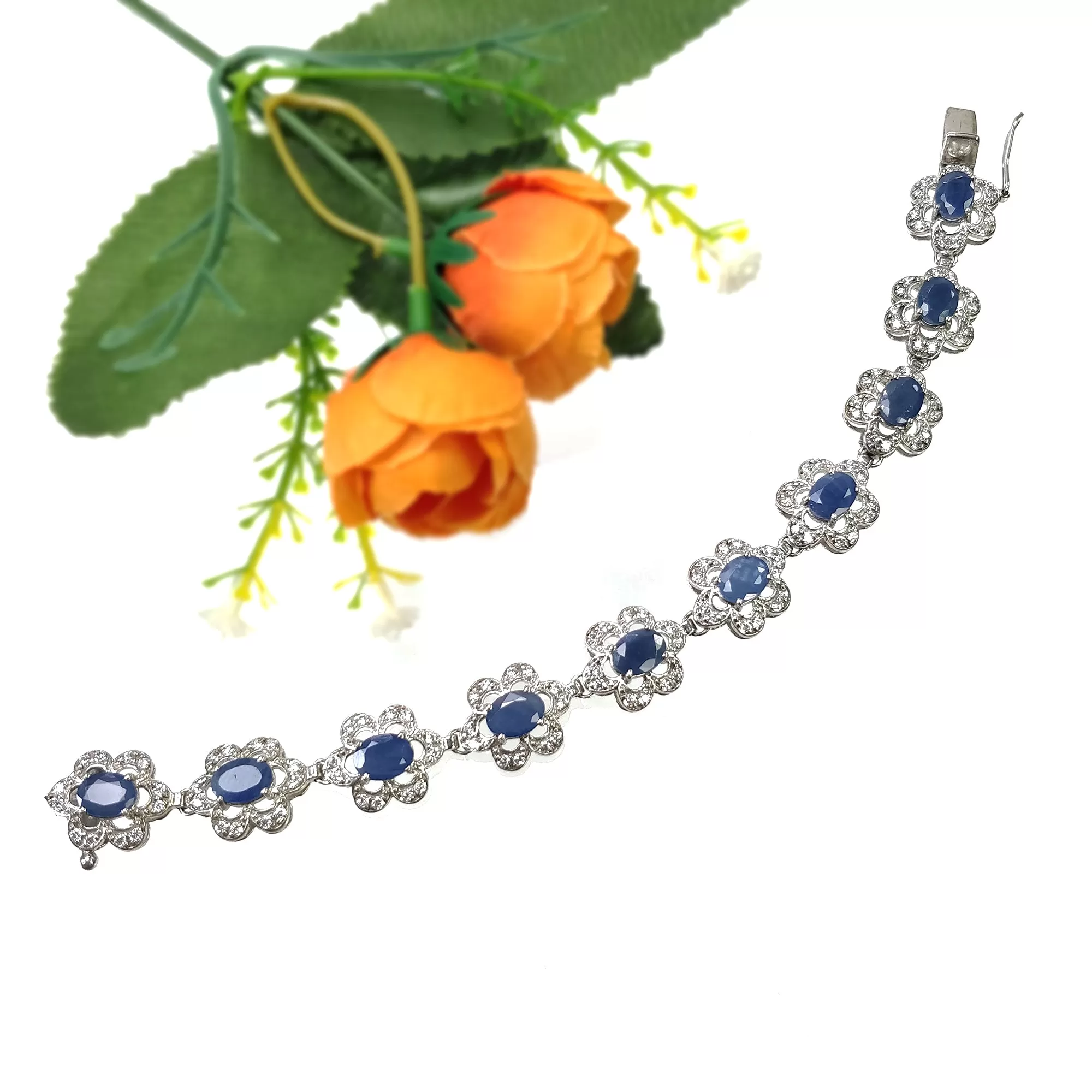 925 Sterling Silver Bracelet : 20.29gms Natural Blue Sapphire Gemstone With CZ Oval Normal Cut Prong Set Tennis Bracelet 7.2"