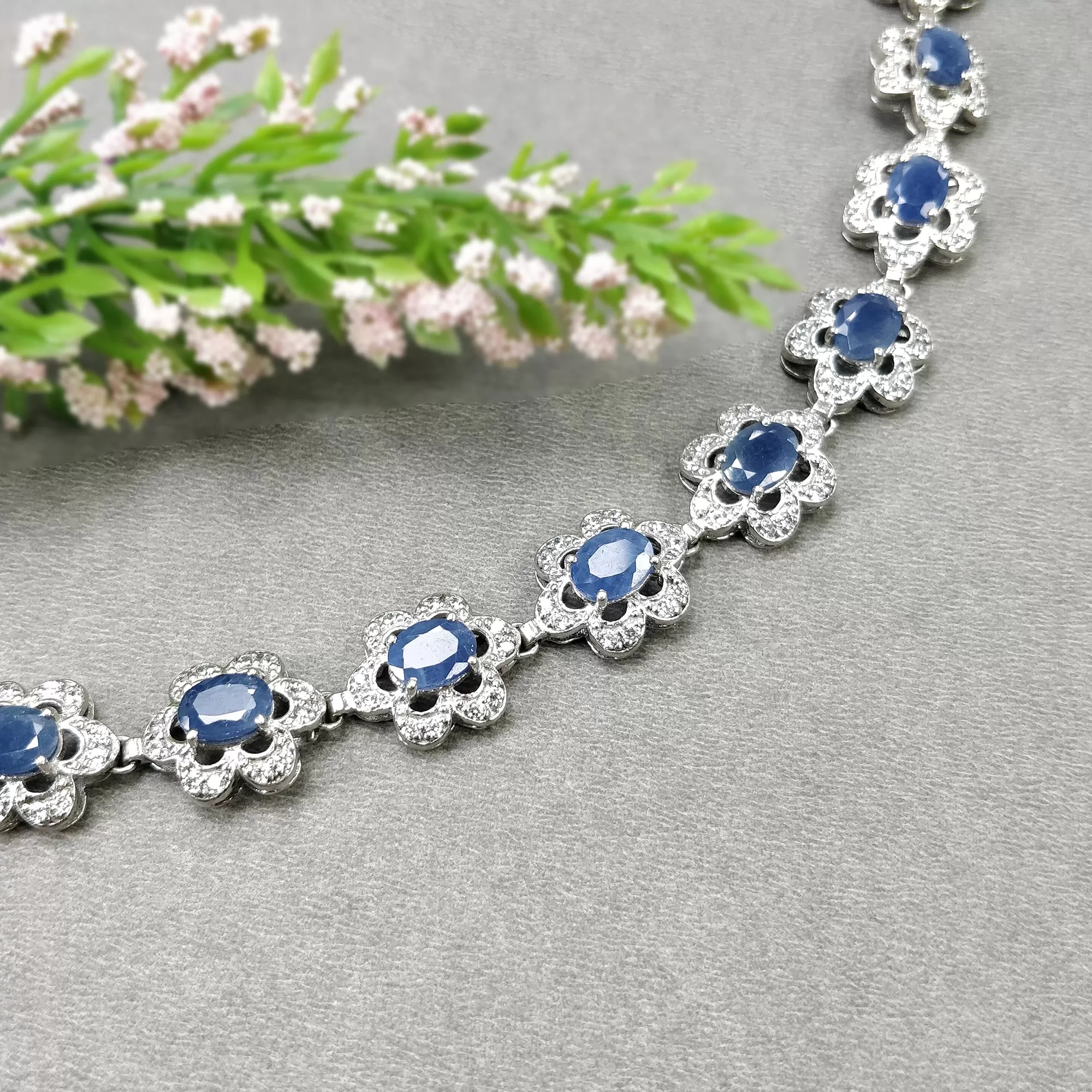 925 Sterling Silver Bracelet : 20.29gms Natural Blue Sapphire Gemstone With CZ Oval Normal Cut Prong Set Tennis Bracelet 7.2"