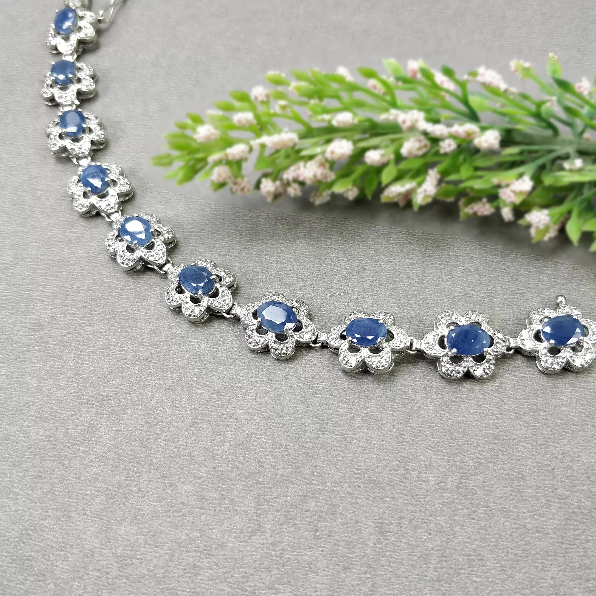 925 Sterling Silver Bracelet : 20.29gms Natural Blue Sapphire Gemstone With CZ Oval Normal Cut Prong Set Tennis Bracelet 7.2"