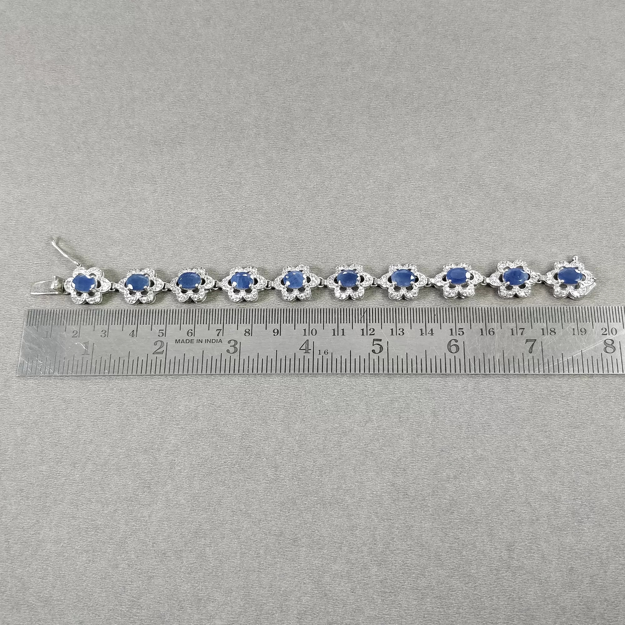 925 Sterling Silver Bracelet : 20.29gms Natural Blue Sapphire Gemstone With CZ Oval Normal Cut Prong Set Tennis Bracelet 7.2"