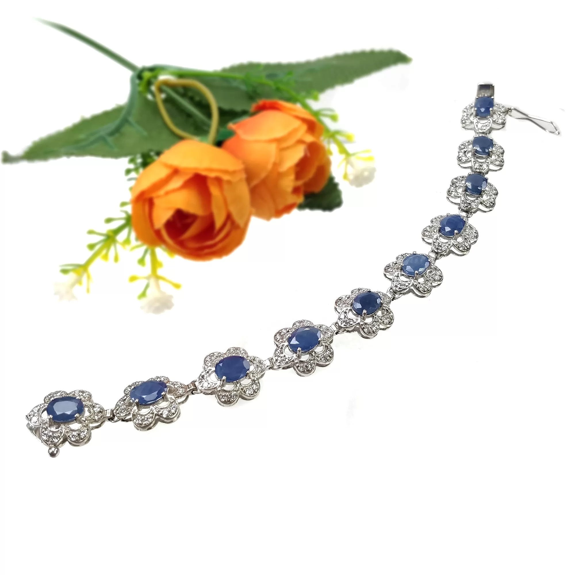 925 Sterling Silver Bracelet : 20.29gms Natural Blue Sapphire Gemstone With CZ Oval Normal Cut Prong Set Tennis Bracelet 7.2"