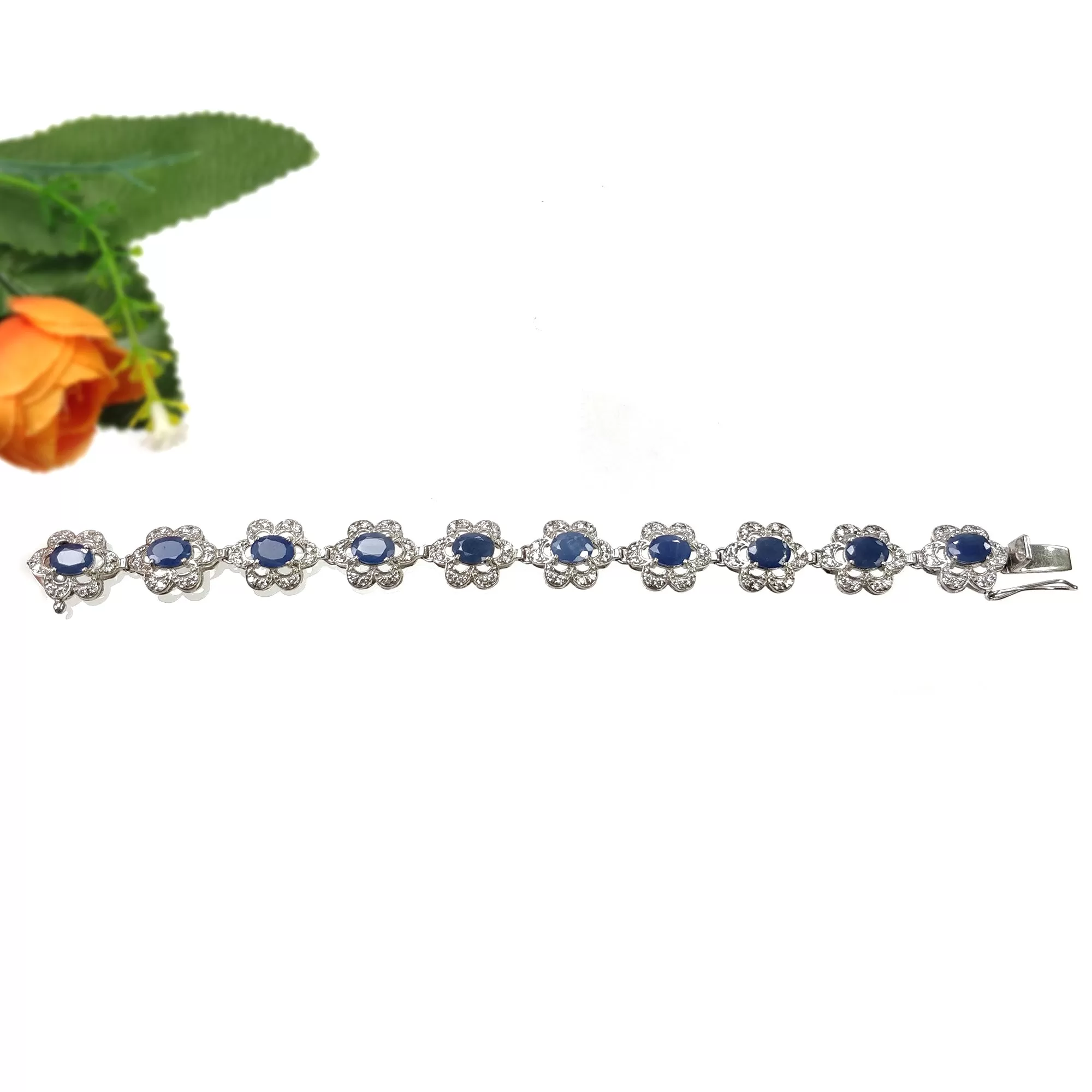 925 Sterling Silver Bracelet : 20.29gms Natural Blue Sapphire Gemstone With CZ Oval Normal Cut Prong Set Tennis Bracelet 7.2"