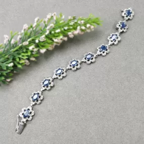 925 Sterling Silver Bracelet : 20.29gms Natural Blue Sapphire Gemstone With CZ Oval Normal Cut Prong Set Tennis Bracelet 7.2"