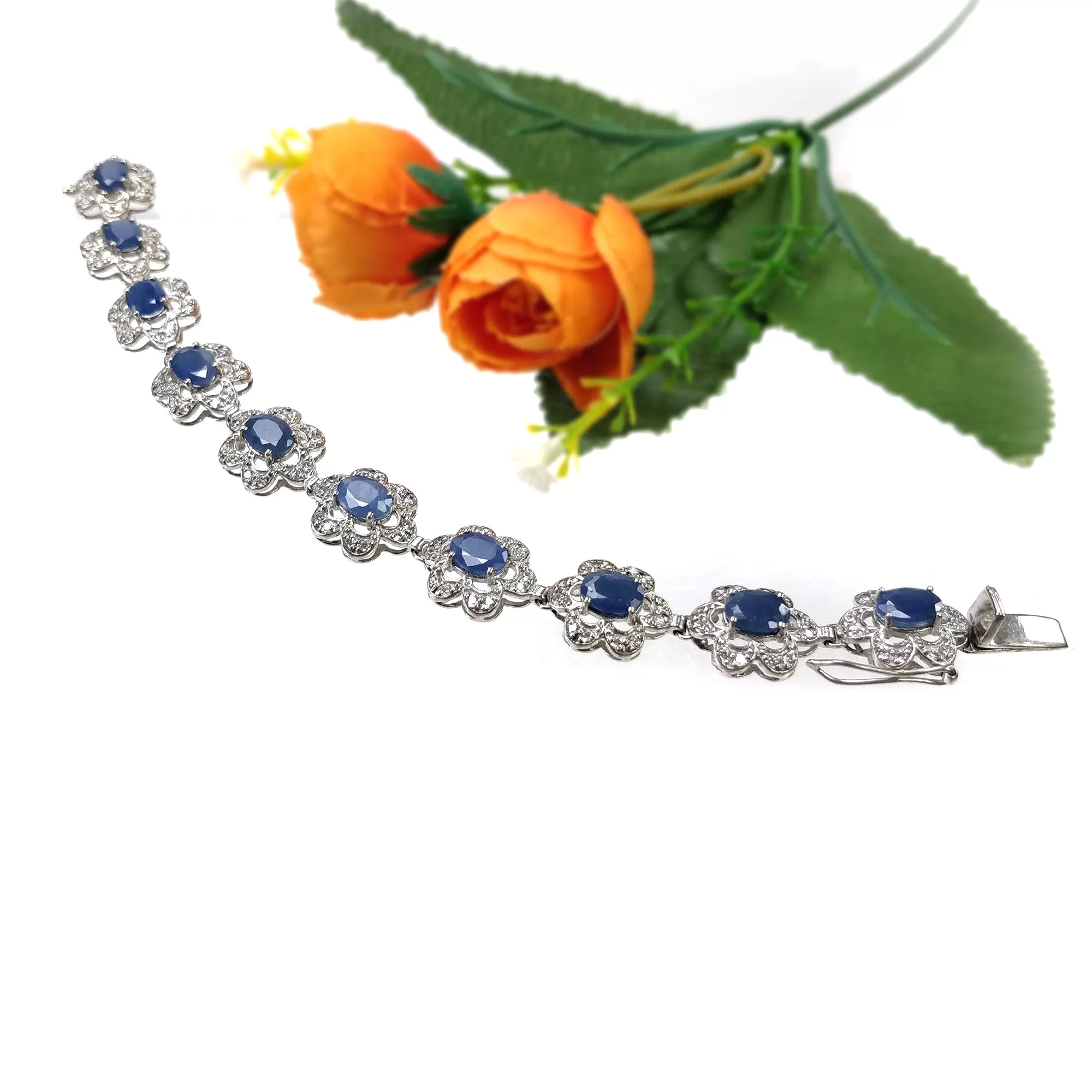 925 Sterling Silver Bracelet : 20.29gms Natural Blue Sapphire Gemstone With CZ Oval Normal Cut Prong Set Tennis Bracelet 7.2"