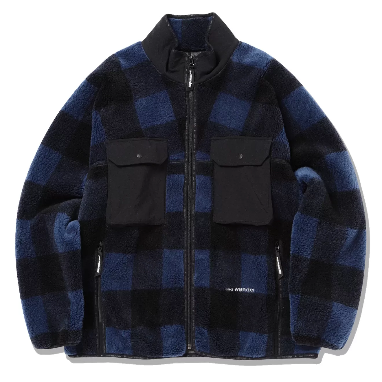 And Wander Check Boa Jacket Blue