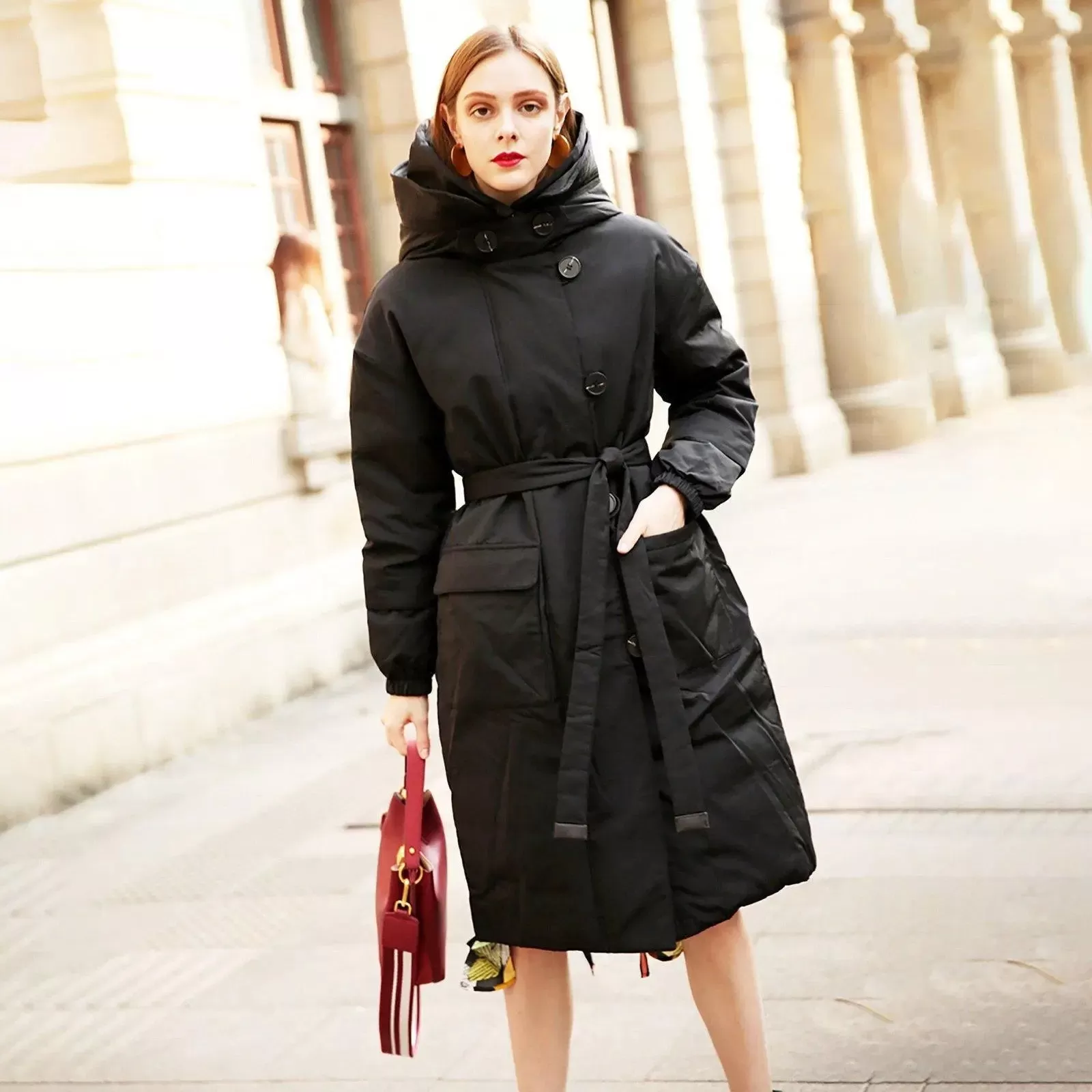 Anita Black Belted Hood Down Parka