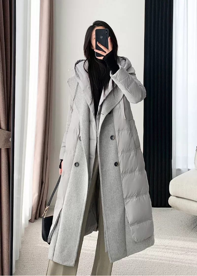 Anita Hooded Patchwork Double Breasted Down Puffer Coat