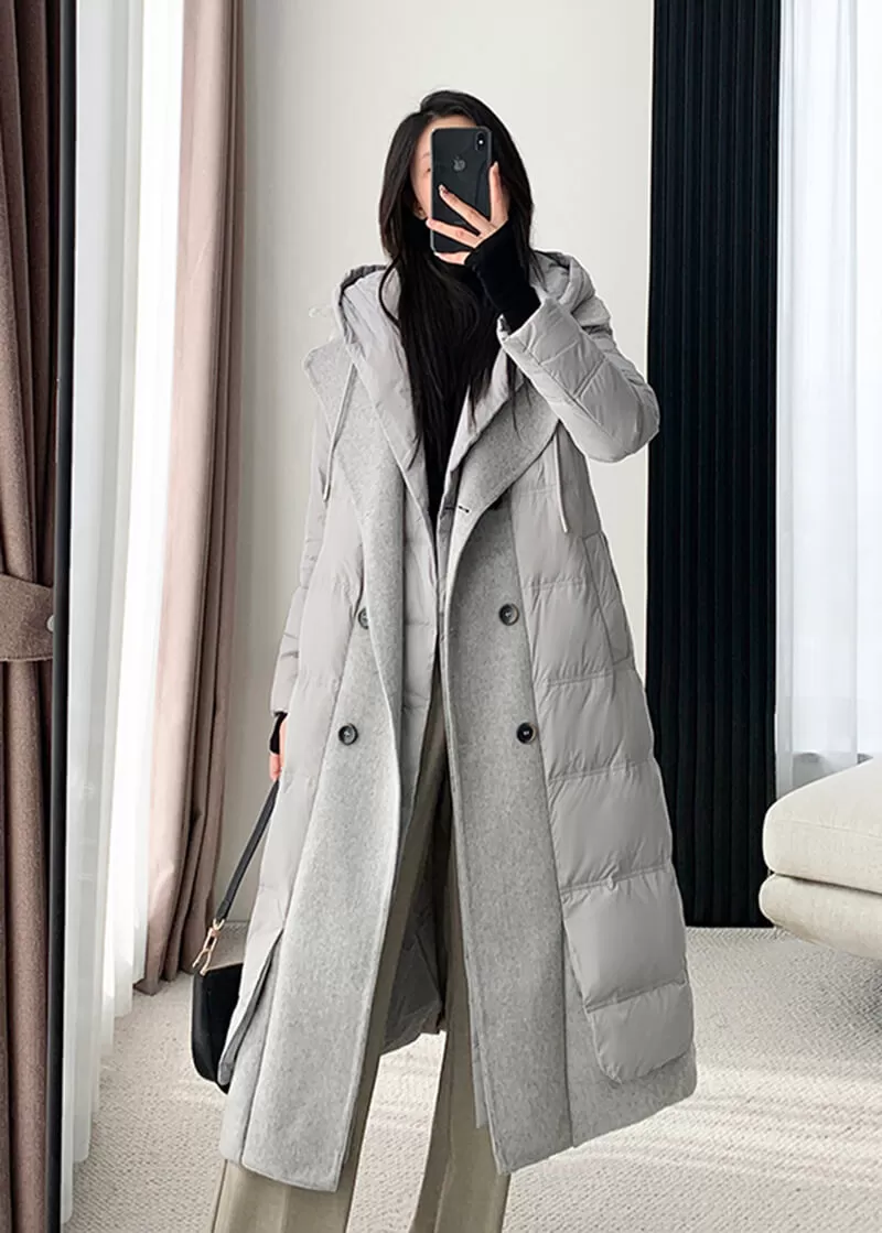 Anita Hooded Patchwork Double Breasted Down Puffer Coat