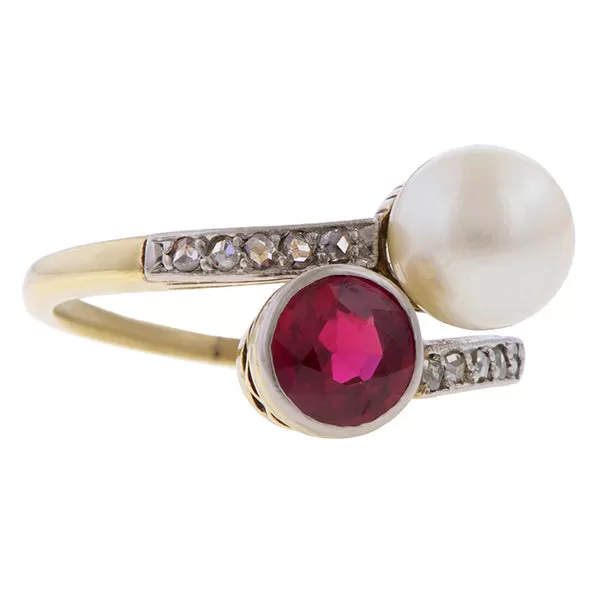 Antique Sythetic Ruby & Pearl Toi et Moi Ring