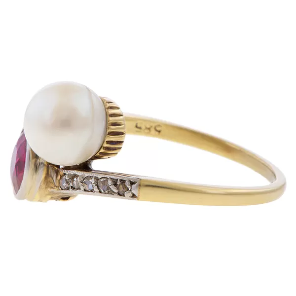 Antique Sythetic Ruby & Pearl Toi et Moi Ring