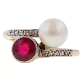 Antique Sythetic Ruby & Pearl Toi et Moi Ring