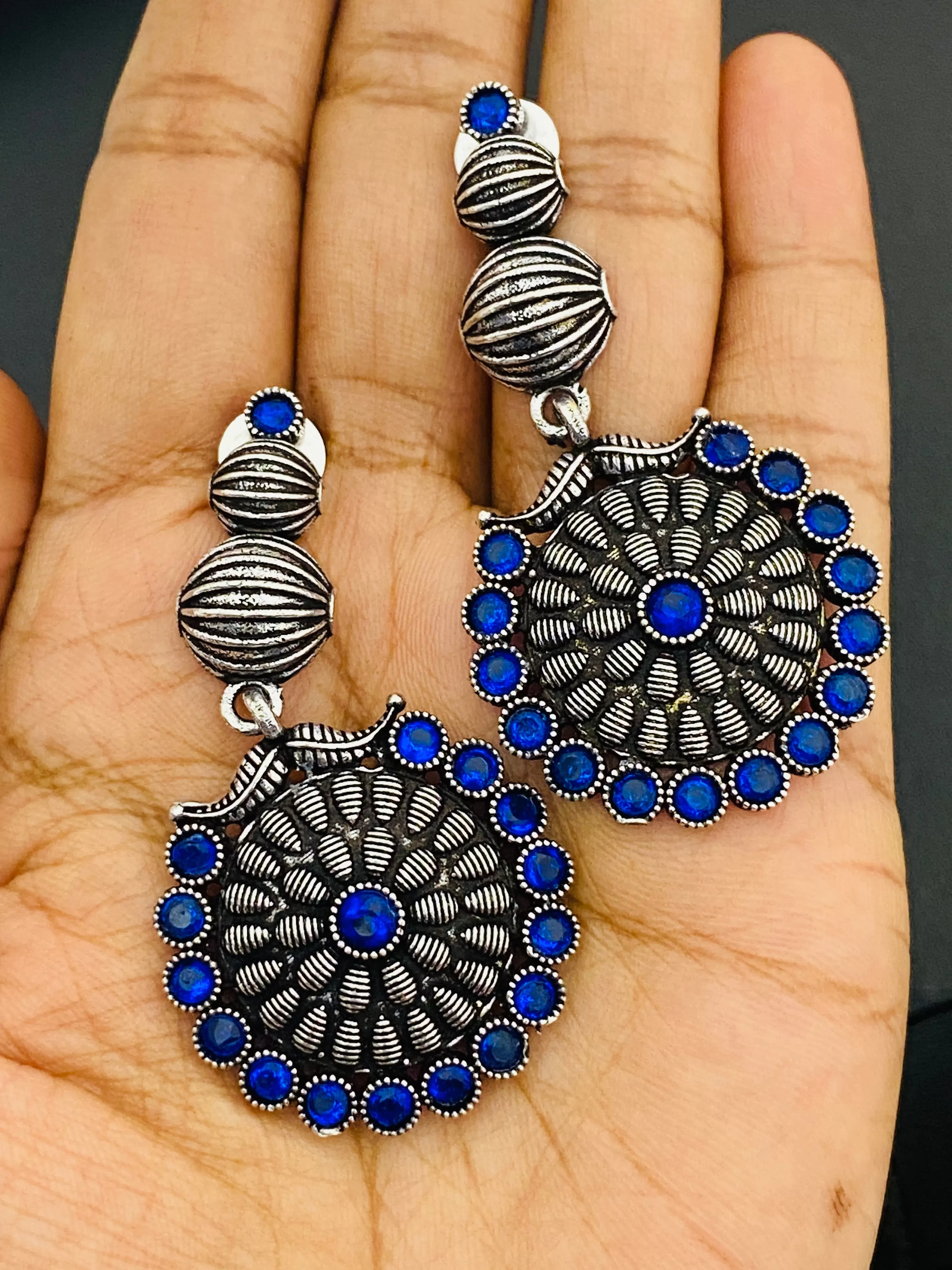 Attractive Blue Stone Beaded German Silver Plated Designer Oxidized Earrings