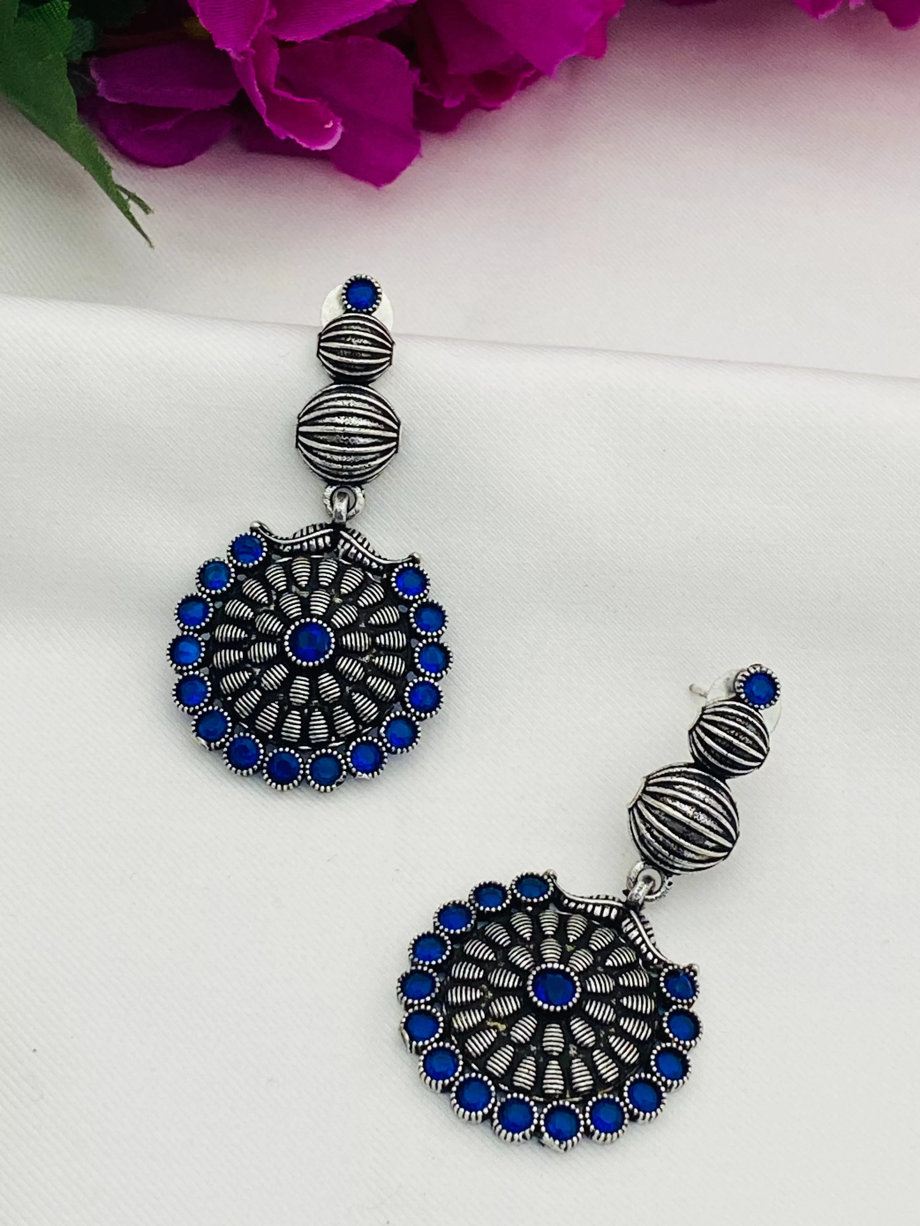 Attractive Blue Stone Beaded German Silver Plated Designer Oxidized Earrings