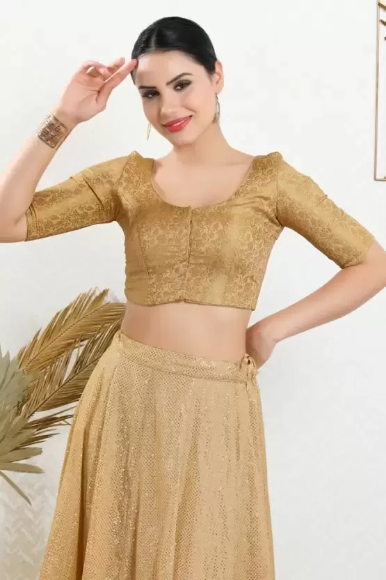 Attractive Gold Colored Jacquard Printed Blouse For Women