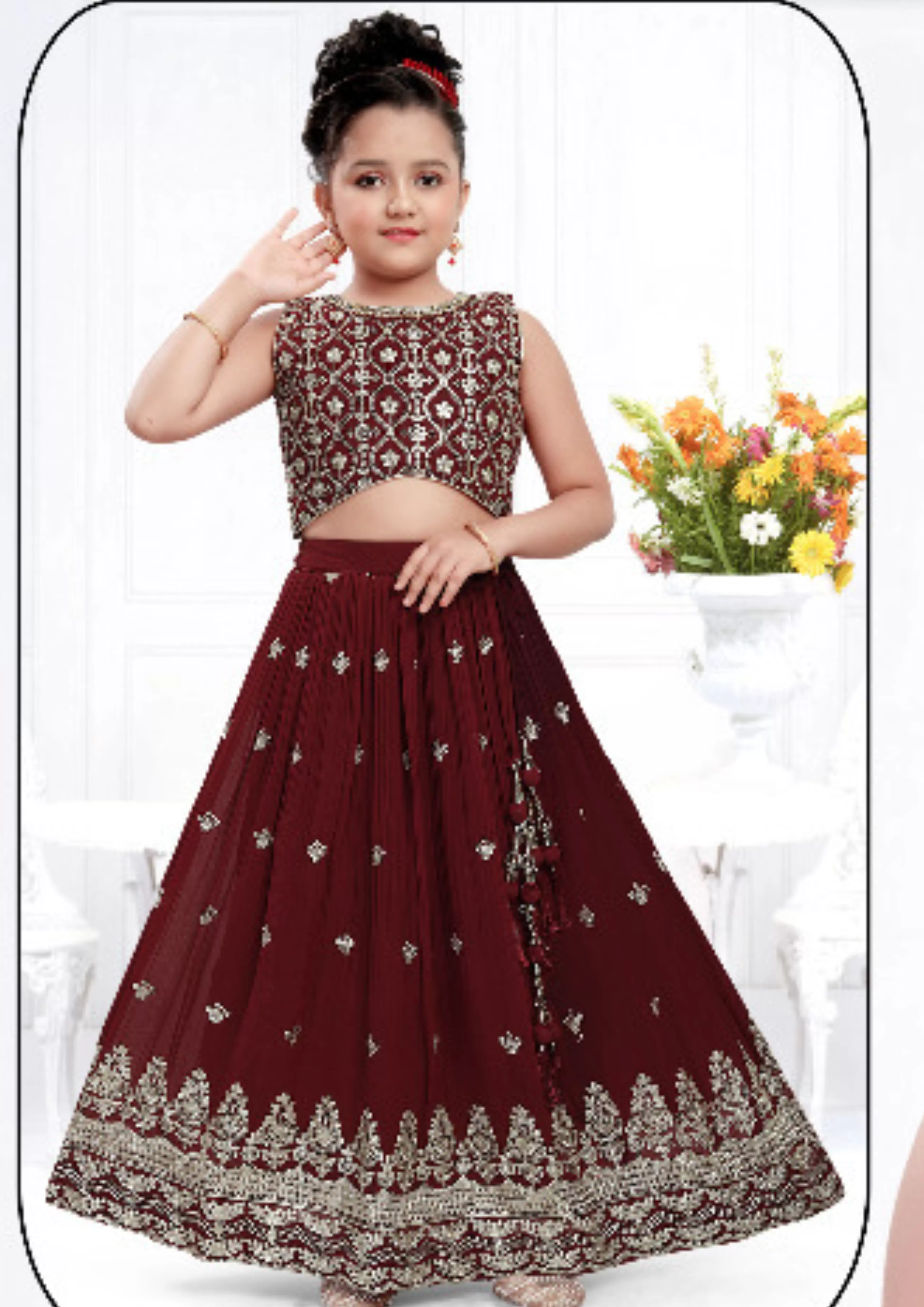 Attractive Red Color Georgette Embroidery Work Girls Choli Sets