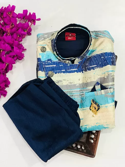 Beautiful Designer Blue Color Silk kurta With Printed Nehru Jacket