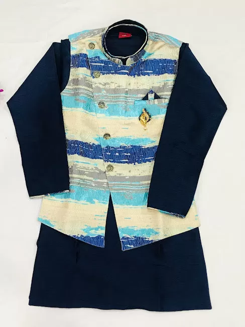 Beautiful Designer Blue Color Silk kurta With Printed Nehru Jacket