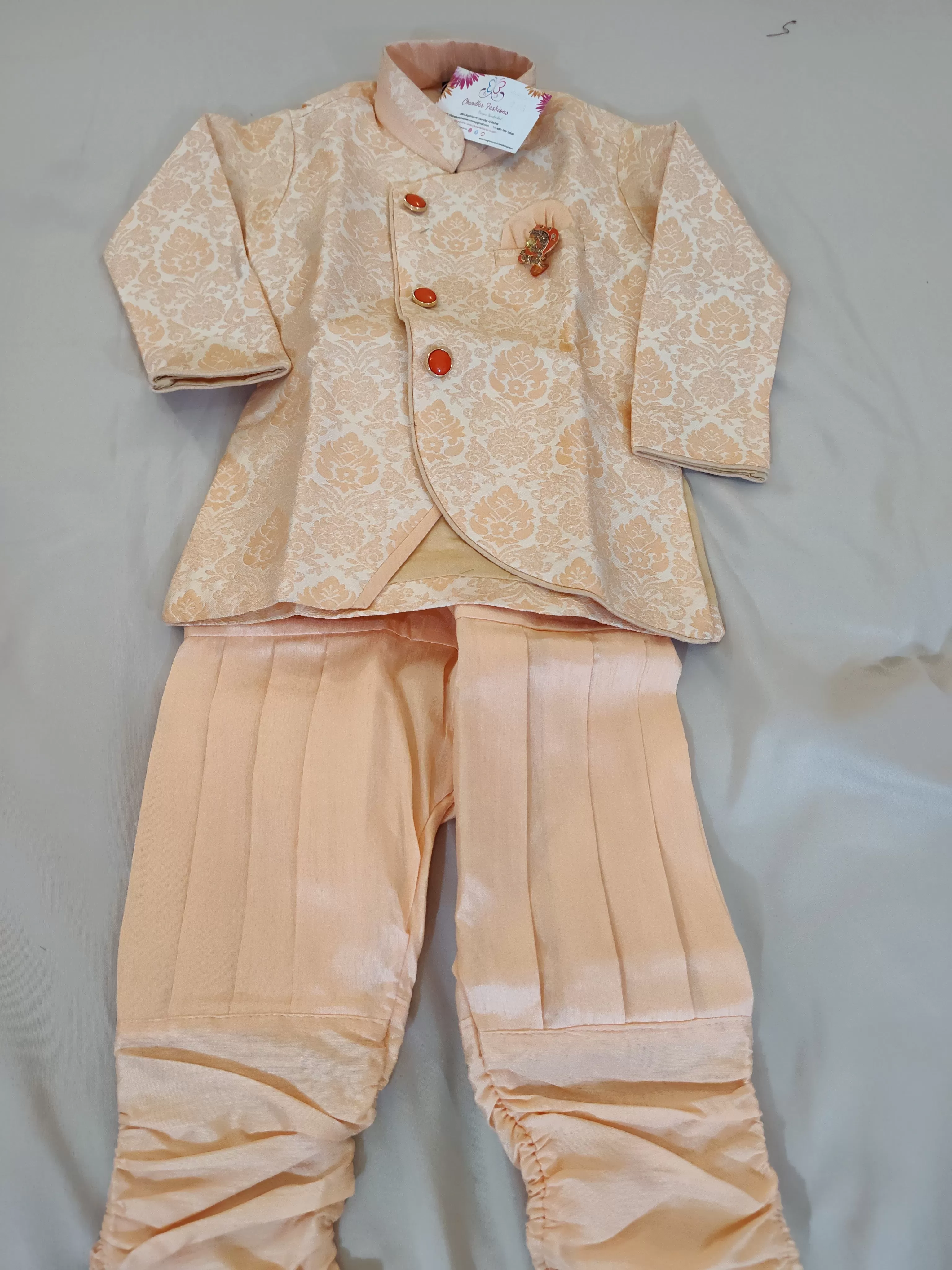 Beautiful Ethnic Kids Light Orange Silk Kurta Pajama Set With Brooch Pin