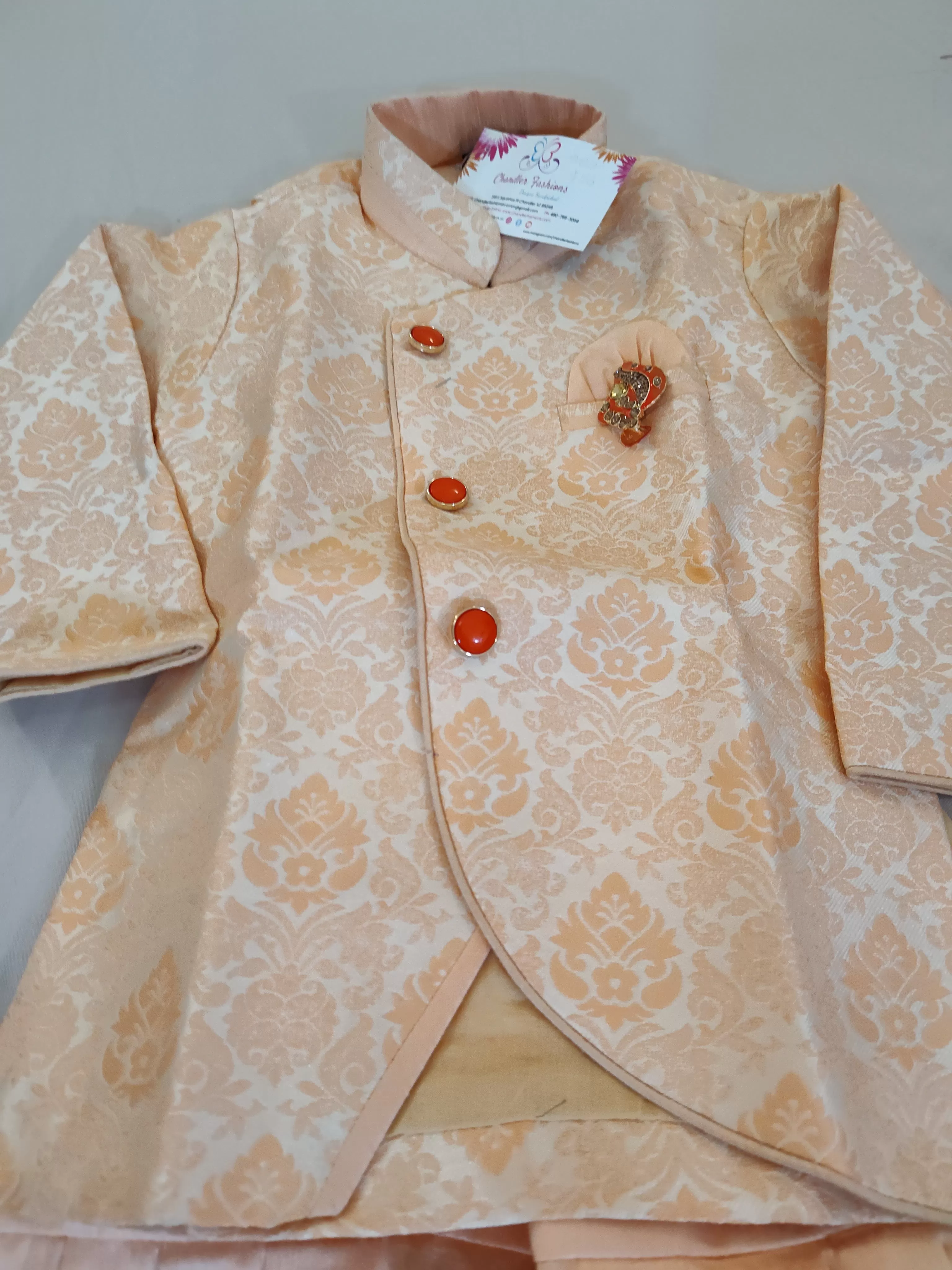 Beautiful Ethnic Kids Light Orange Silk Kurta Pajama Set With Brooch Pin