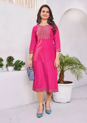 Beautiful Pink Color Rayon Kurti With Zari Embroidery Work