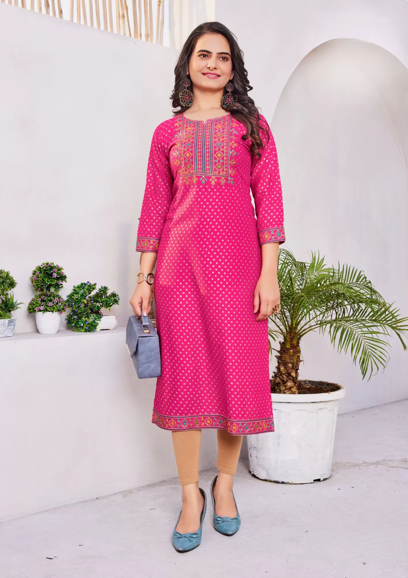 Beautiful Pink Color Rayon Kurti With Zari Embroidery Work