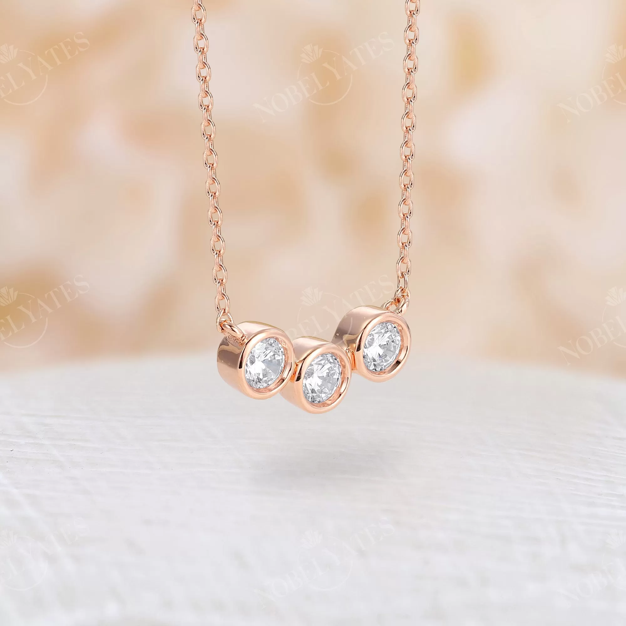 Bezel Moissanite Three Stone Family Necklace Rose Gold