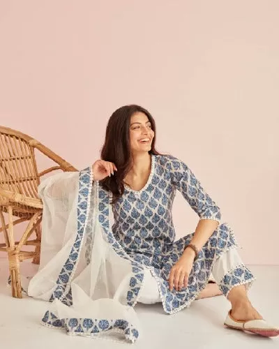 Blue & White Printed Cotton Salwar Suit Set