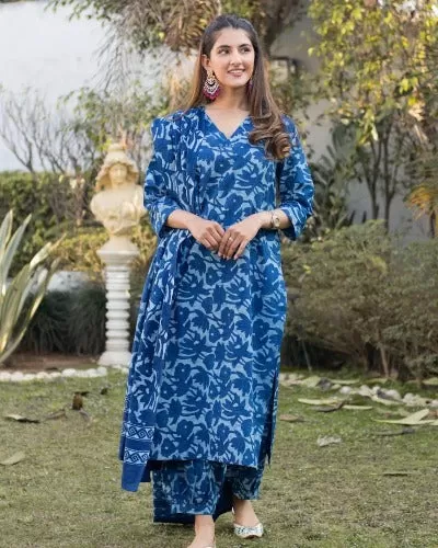 Blue Cotton Printed Afghani Style Salwar Suit Set