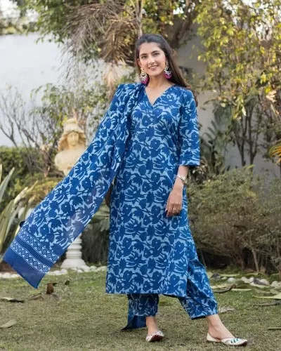 Blue Cotton Printed Afghani Style Salwar Suit Set