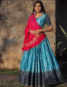 Blue Silk Festive Lehenga With Fully Stitched Choli Set