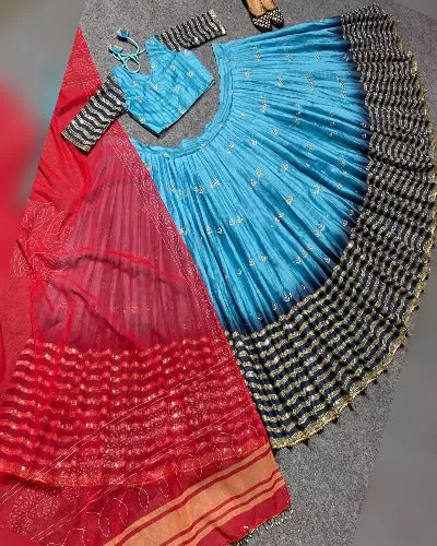 Blue Silk Festive Lehenga With Fully Stitched Choli Set