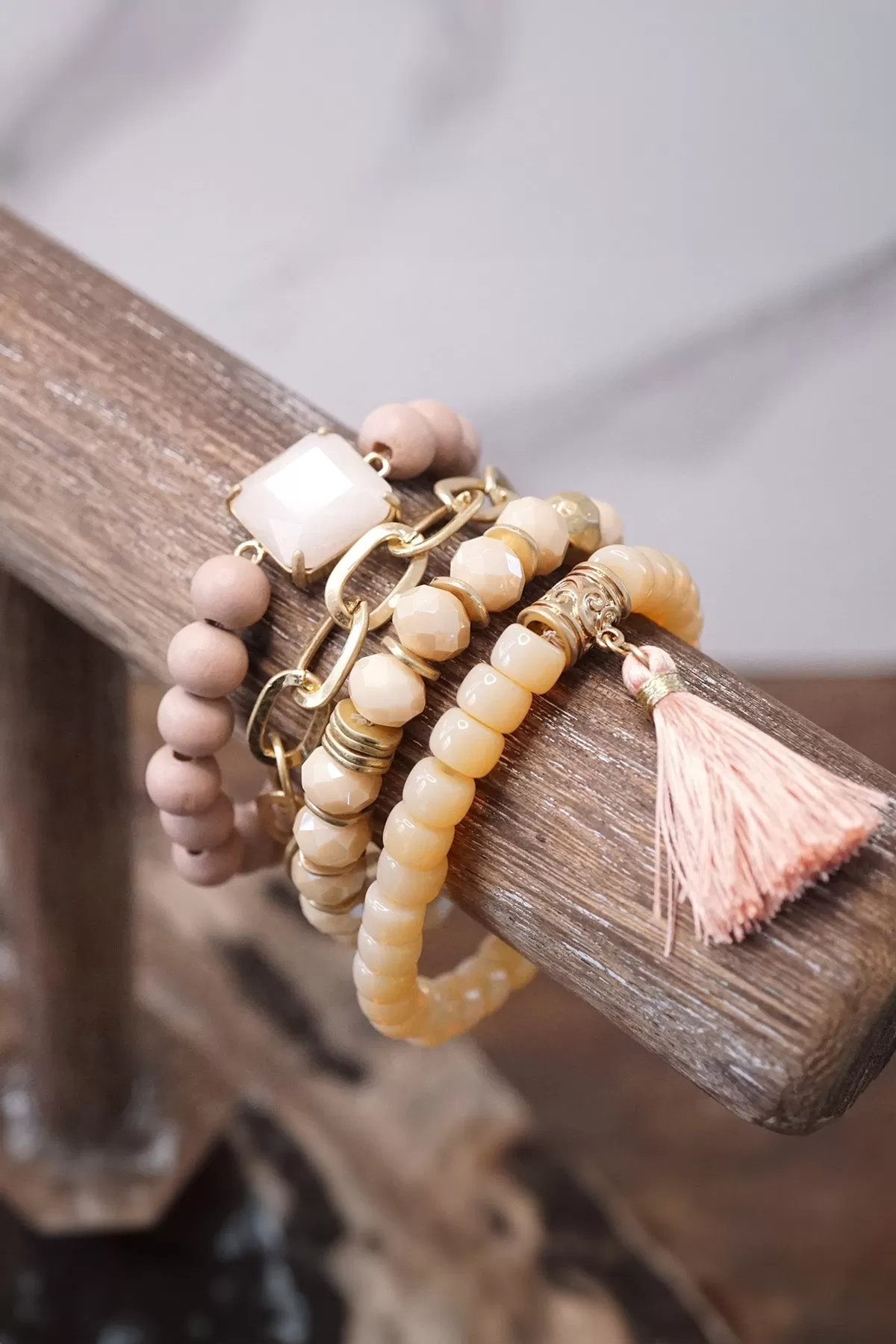 Boho Beads Tassel Bracelets set with Semi Precious stone Peach