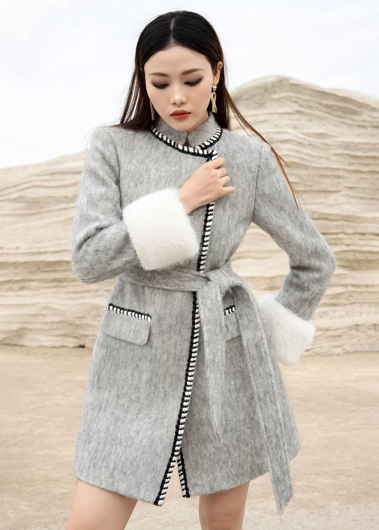 Bonnie Gray Wool Down Coat Cuffs detachable fox fur