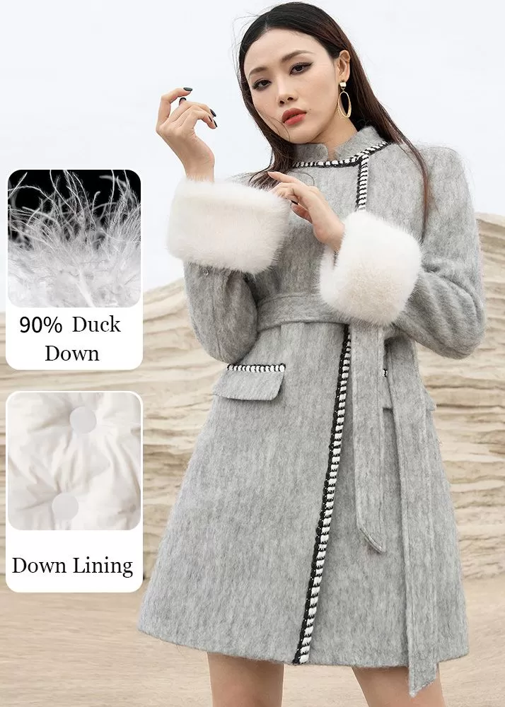 Bonnie Gray Wool Down Coat Cuffs detachable fox fur