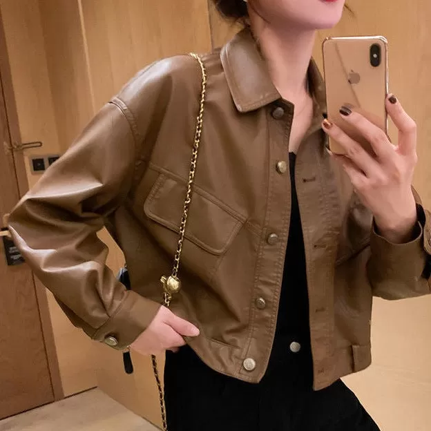 Button-Down Leather Jacket With Turn-Down Collar