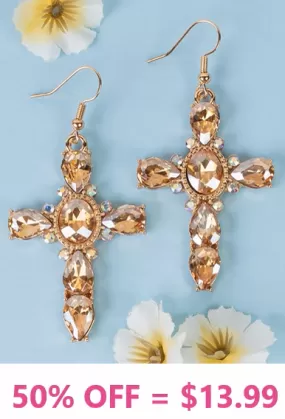 Champagne Bling Rhinestone ornate cross earrings