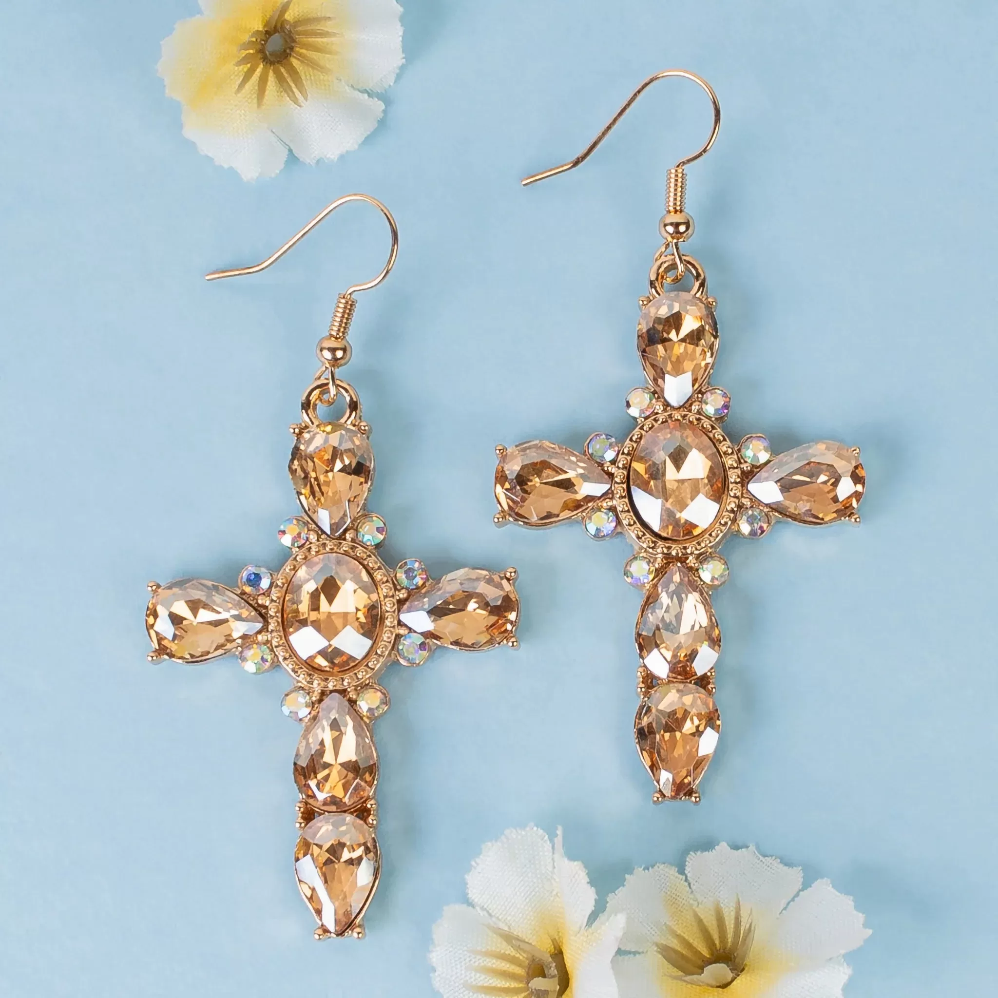 Champagne Bling Rhinestone ornate cross earrings